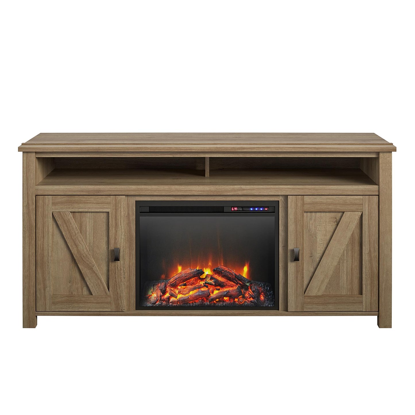 Ameriwood Home 59.62-in W Natural TV Stand with Fan-forced Flat wall Electric Fireplace with Remote Control Included