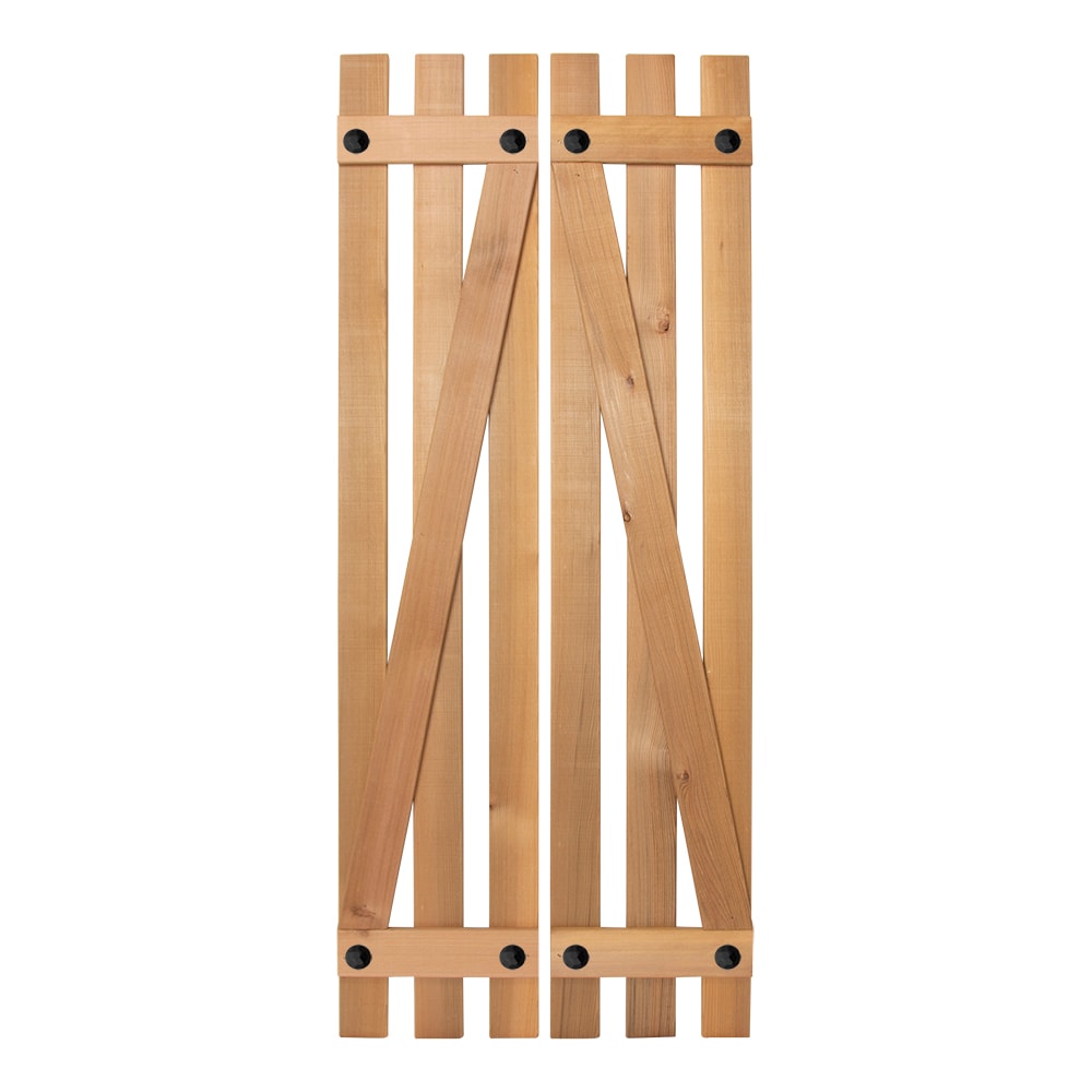 Design Craft Millworks 12-in W x 38-in H Natural western red cedar. Blonde, red and brown tones Paintable/Stainable Board and batten Z-bar Wood Exterior Shutters ( 2 -Pack )