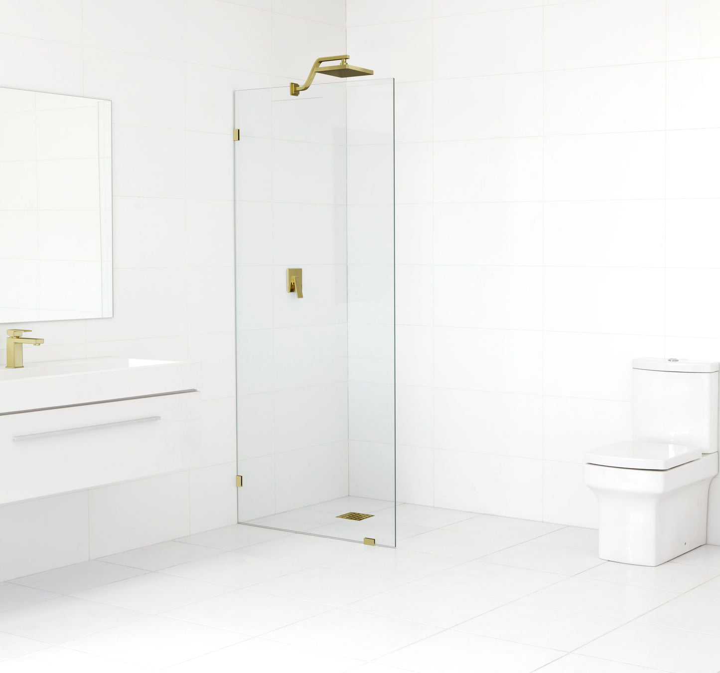 Glass Warehouse Vela Polished Brass 22-in W x 78.0-in H Frameless Clear Glass Fixed Shower door
