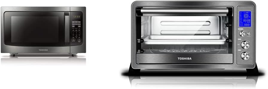 Toshiba ML-EM45P(BS) Countertop Microwave Oven, 1.6 Cu.ft, Black Stainless Steel, Non-inverter Technology & AC25CEW-BS Toaster Oven, 6-Slice Bread/12-Inch Pizza, Black Stainless Steel, 1500W