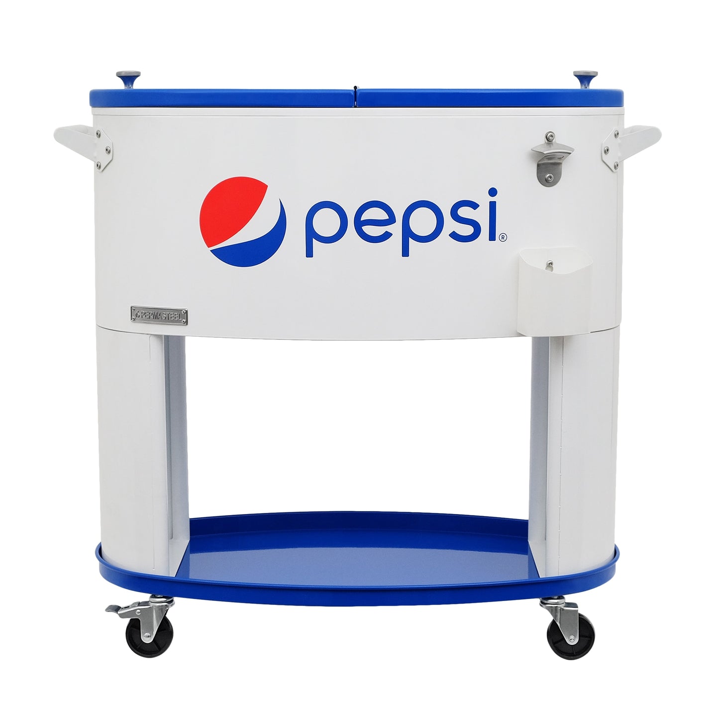 Pepsi White Steel Insulated Beverage Cooler, 80 Quart Capacity, Keeps Drinks Cold for up to 36 Hours, Easy Access Lid with Bottle Opener and Cap Catcher PS-207-80PE-WT