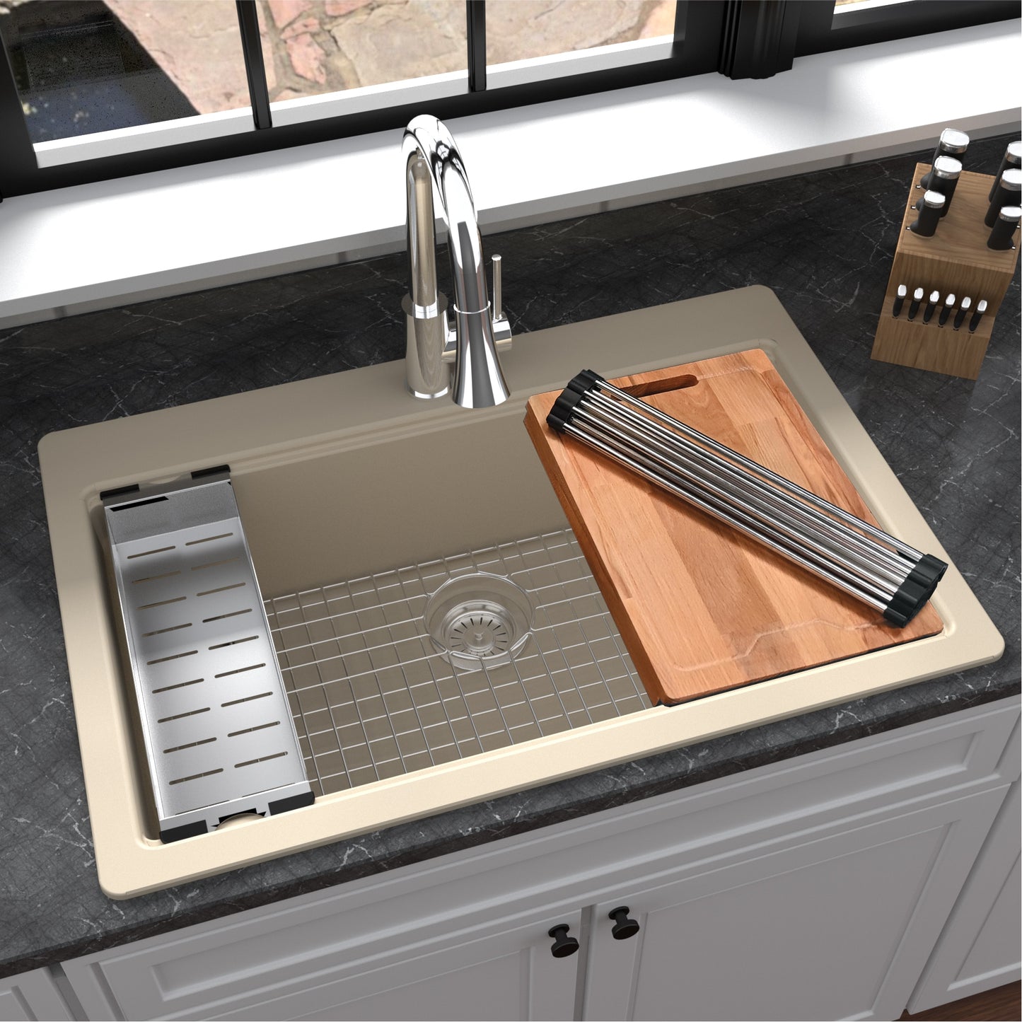 Karran Drop-in 33-in x 22-in Quartz Single bowl Workstation Kitchen Sink