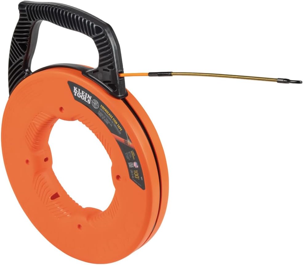 Klein Tools 56351 Non-Conductive Electrical Fish Tape, Fiberglass Wire Puller w/Steel Leader, Optimized Housing, 100-Foot x 3/16-Inch
