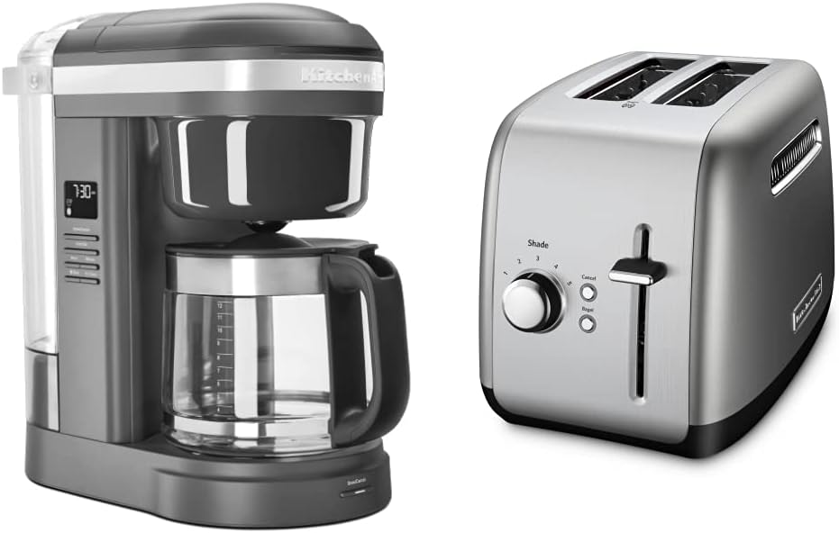 KitchenAid 12 Cup Coffee Maker with Spiral Showerhead (KCM1208DG) and 2 Slice Toaster for Bagels and More (KMT2115), Silver