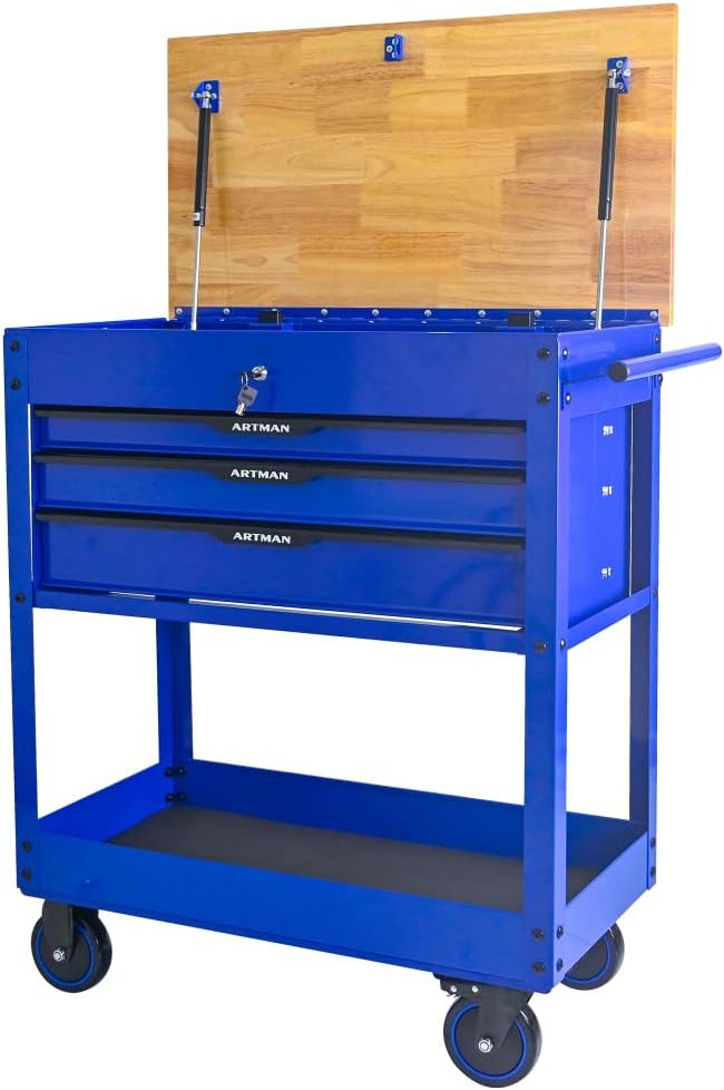 3 Drawers Multifunctional Tool CART with Wheels and Wooden TOP-Blue