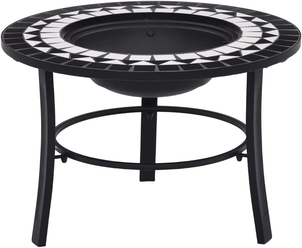 YuuSsea Mosaic Fire Pit Black and White 26.8" Ceramic Steel Outdoor Patio Heater, Round Tabletop Design with Three-Leg Stand, Backyard BBQ Brazier