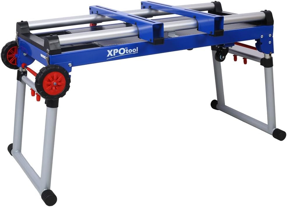 5-in-1 Folding Workbench & Miter Saw Stand, Height Adjustable, Heavy-Duty Portable Scaffold, Creeper, Dolly, Mobile Work Table with Tool Tray, Quick Fold, 1100 lb Max Load, Steel Frame, Blue