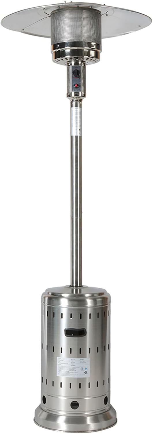 Patio Heater with Cover, 48,000 BTU Pyramid Flame Outdoor Heater, Propane, Detachable Wheels, Quartz Glass Tube for Patio, Garden, Courtyard, Park, Poolside (Silver)