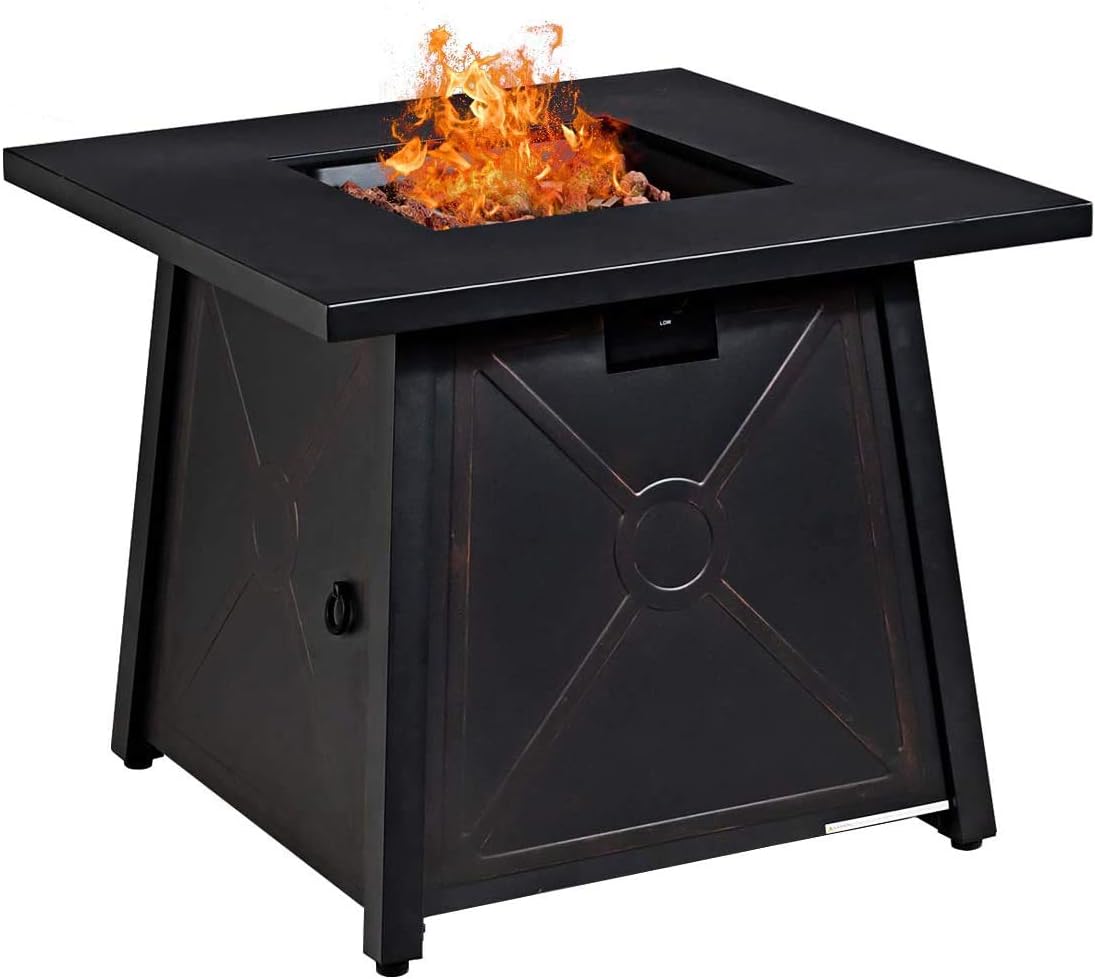 Giantex Gas Fire Table, 30 Inch Square Firepit Table 50,000BTU Fire Pits Tables w\/Waterproof Cover, ETL and CSA Certification Patio Auto-Ignition Propane Heater Fireplace Table w\/Lava Rock (Black)