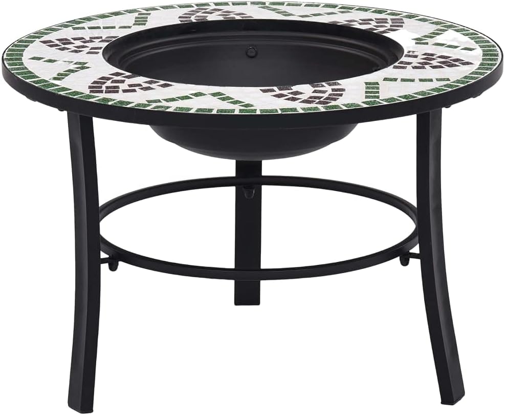 Mosaic Fire Pit Green Steel Fire Pit Bowl with Grid and Tabletop for Outdoor Heating and BBQ Use 26.8" Ceramic