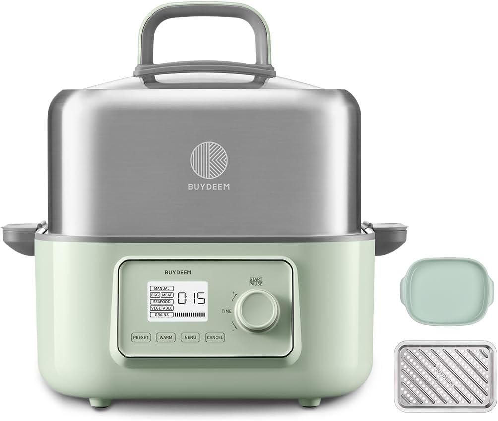 BUYDEEM G67US Electric Food Steamer for Cooking, 1 Tire Stainless Steel Steamer with Manual Mode, 1500W, 7 Quart, Green