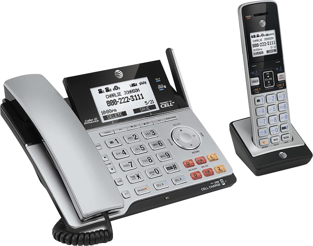 AT&T - TL86103 DECT 6.0 2-Line Expandable Corded/Cordless Phone with Bluetooth Connect to Cell and Answering System - Silver/Black