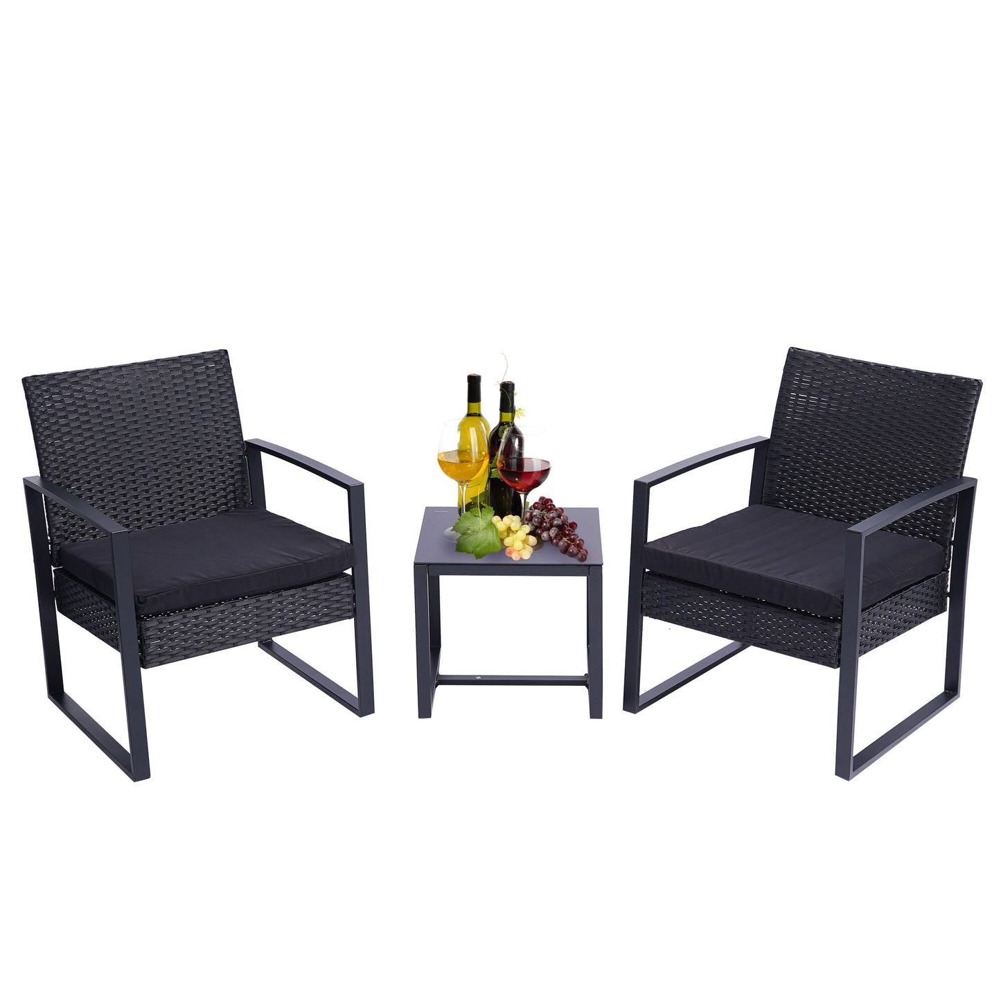 Bayfeve Patio Bistro Set 3 -Piece Black Rattan Bistro Patio Dining Set Steel Square Table with 2 Black Cushions Stationary Chairs