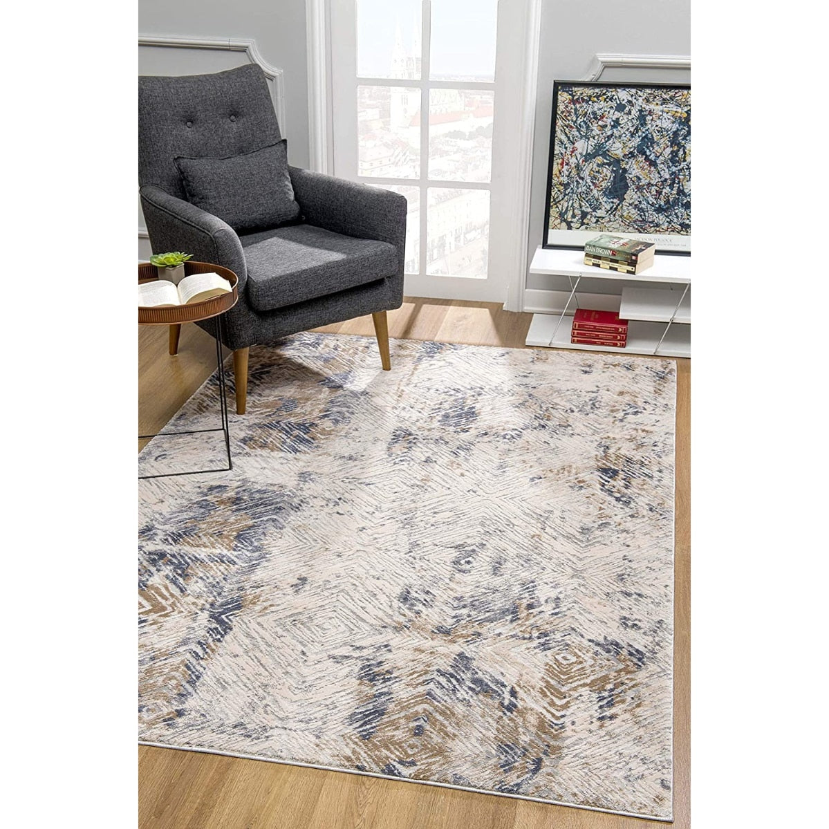 HomeRoots 7 x 10 (ft) Beige Rectangular Indoor Abstract Area rug