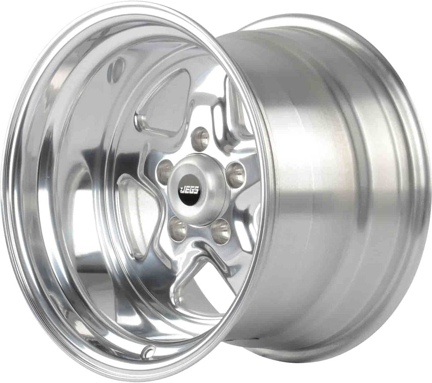 JEGS Sport Star Aluminum Wheel 15” x 10” | 5 x 4.5” Wheel Bolt Pattern Spacing | -25 mm Offset | 4.5” Backspacing | Polished Finish | 3.27” Center Bore | Includes Center Cap
