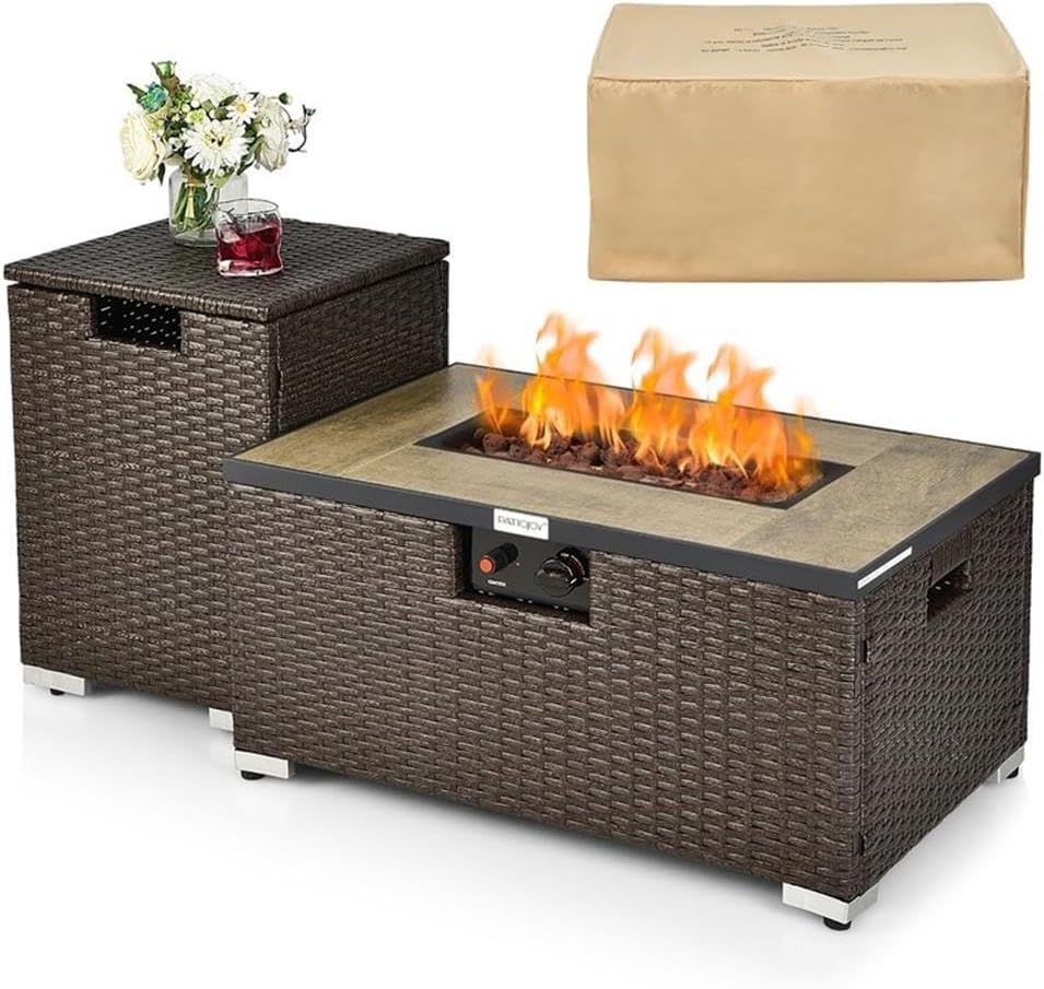 Pemberly Row 32''x 20'' Propane Fire Pit Table Set w/Side Table Tank Brown