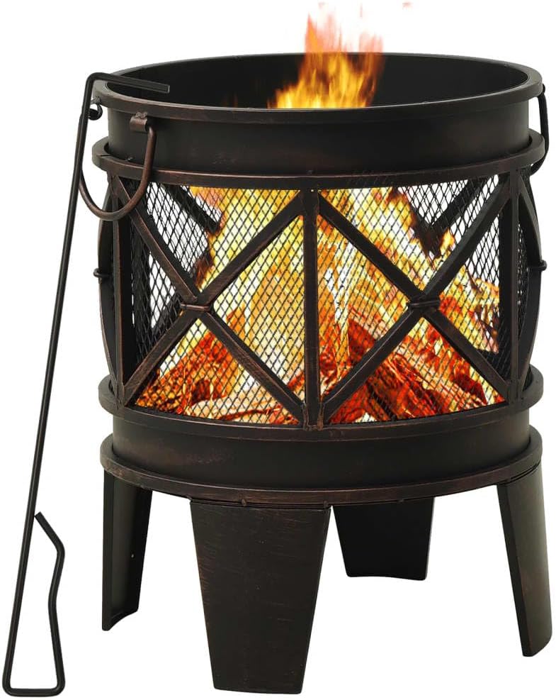 SKM Rustic Fire Pit with Poker Φ16.5 21.3" Steell,Black (Weight 14KG)