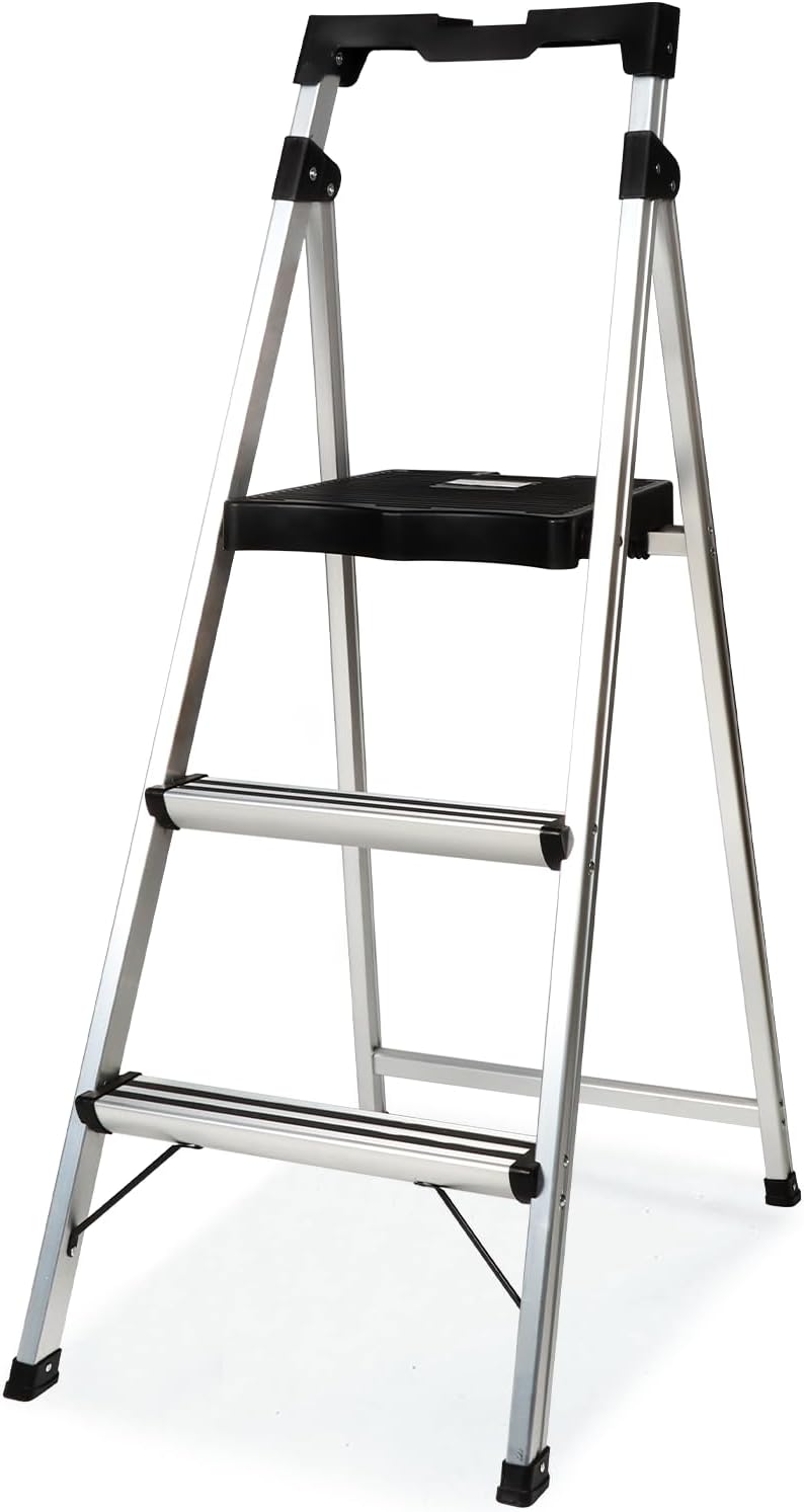 FOLDDEX 3 Step Ladder Folding Step Stool, 7.4 Lbs Aluminum Step Ladder Max Load 900lbs | Anti-Bump & Wide Non-Slip Pedal, Tool Tray, Safety Lock | Home, Office, Kitchen | Collapsible & Portable