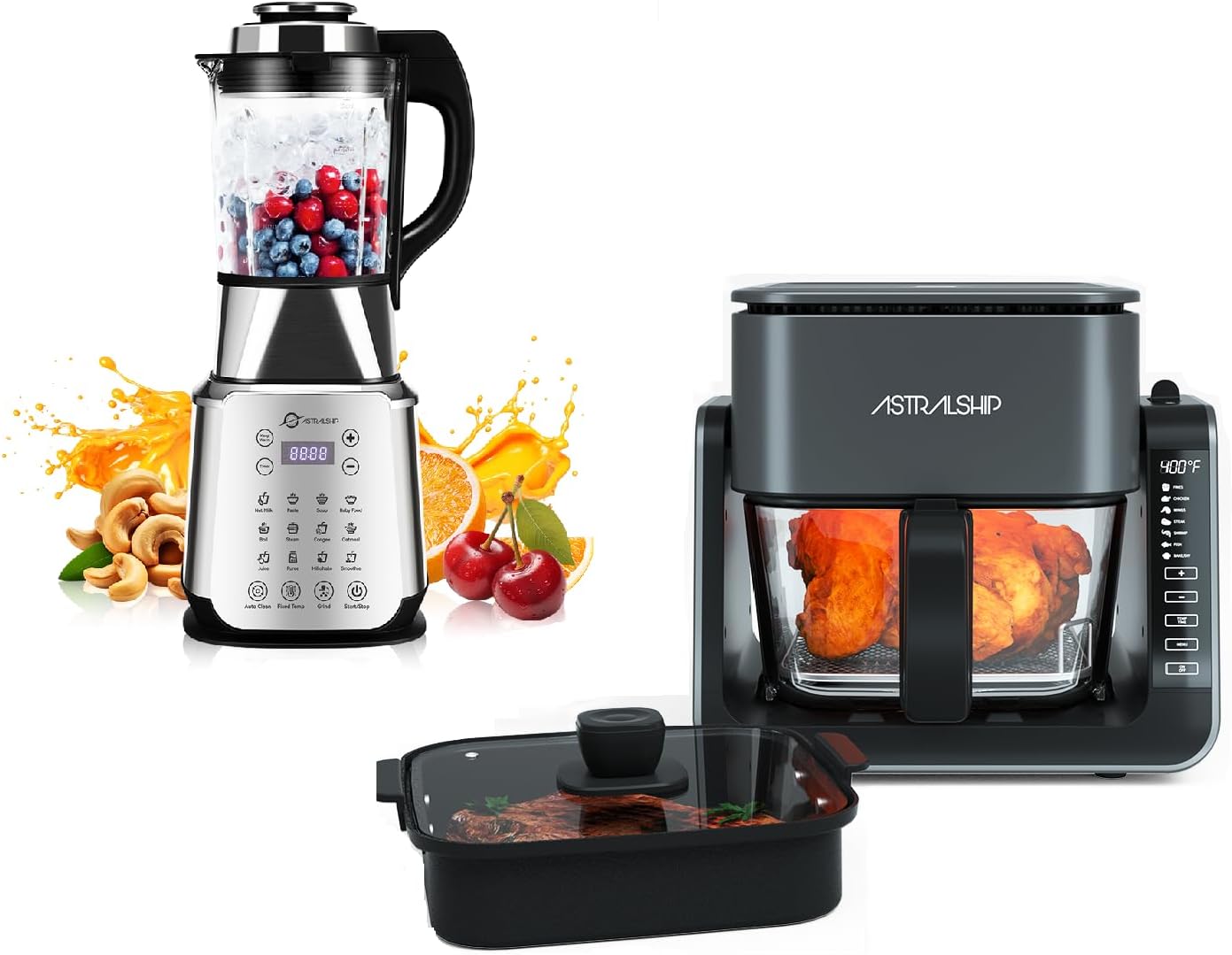 ASH01-S Stainless Steel Blender + 2-in-1 Glass Air Fryer & Griddle Combo for kitchen, 1200W Glass jar blender, 12 Cooking Functions for Small Air Fryer