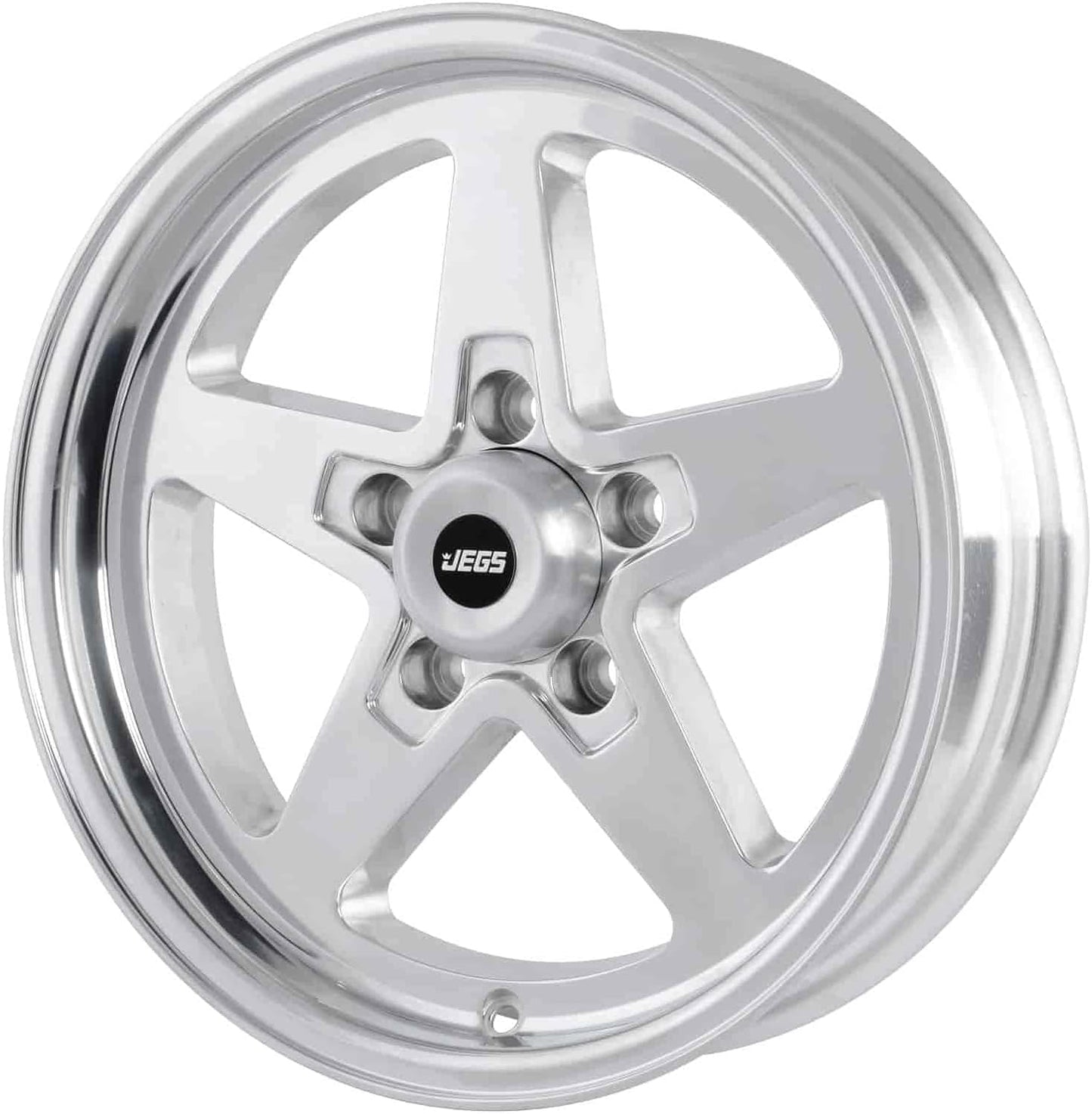 JEGS SSR Star Aluminum Wheel 15” x 4” | 5 x 4.75” Wheel Bolt Pattern Spacing | -19 mm Offset | 1.75” Backspacing | Polished Aluminum | 3.27” Center Bore | Includes Center Cap