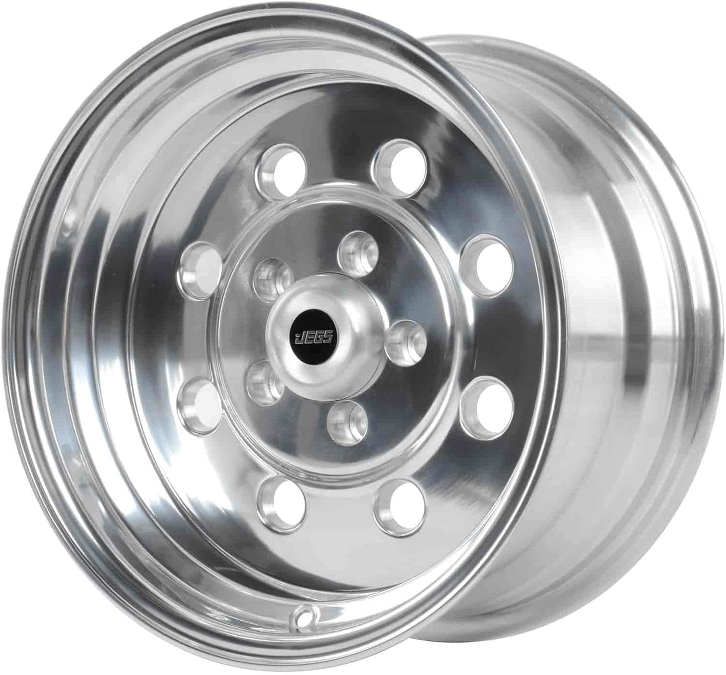 JEGS Sport Star Aluminum Wheel 15” x 8” | 5 x 4.5” Wheel Bolt Pattern Spacing | 0 mm Offset | 4.5” Backspacing | Polished Finish | 3.27” Center Bore | Includes Center Cap
