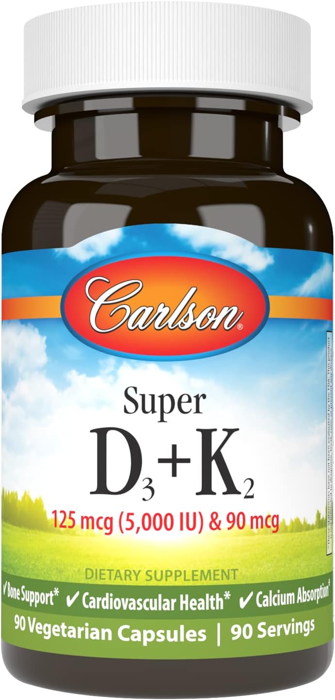 Carlson - Super D3 + K2, 125 mcg (5000 IU) Vitamin D3, 90 mcg Vitamin K2 as MK-7, Bone Support, Calcium Absorption, 90 Vegetarian Capsules