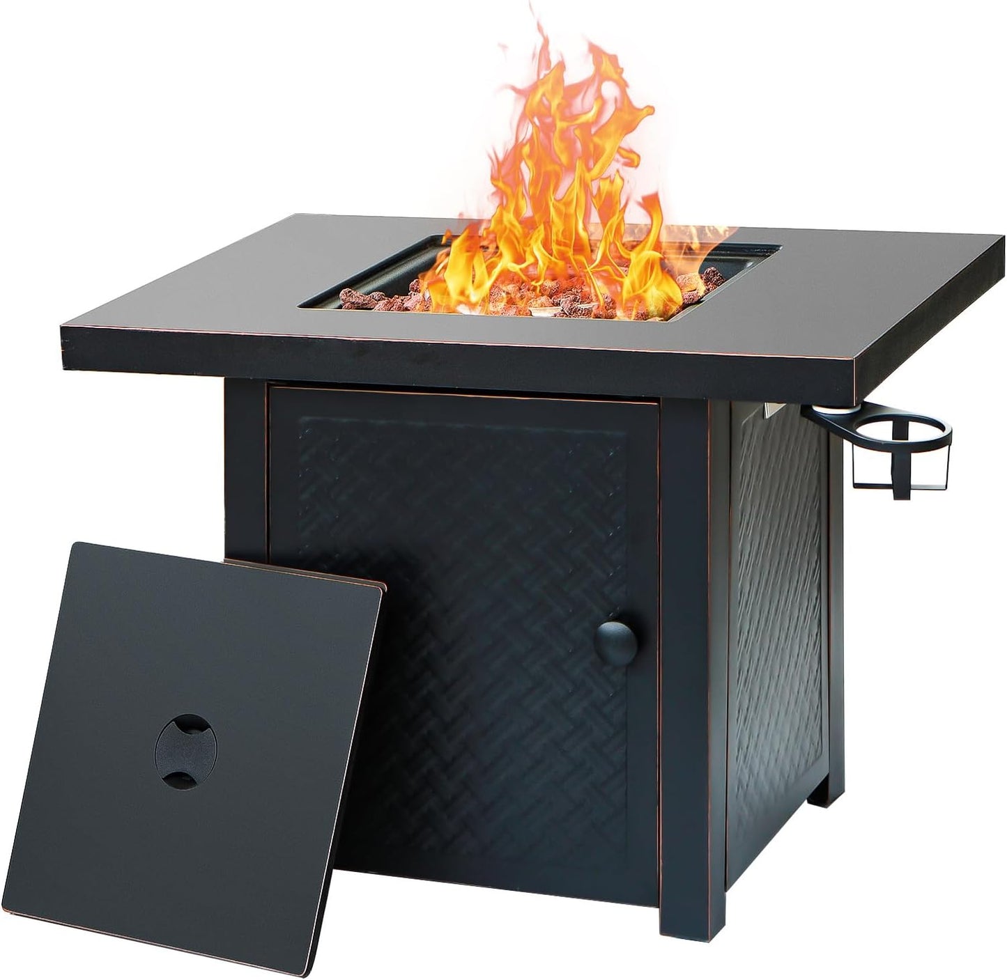 32'' Propane Fire Pit,50000 BTU Gas Firepit Table with 2 Drink Holders, Lid & Lava Rock,Outdoor Fire Pit Table for Dining or Party,Propane Firepits for Outside,Patio,Yard