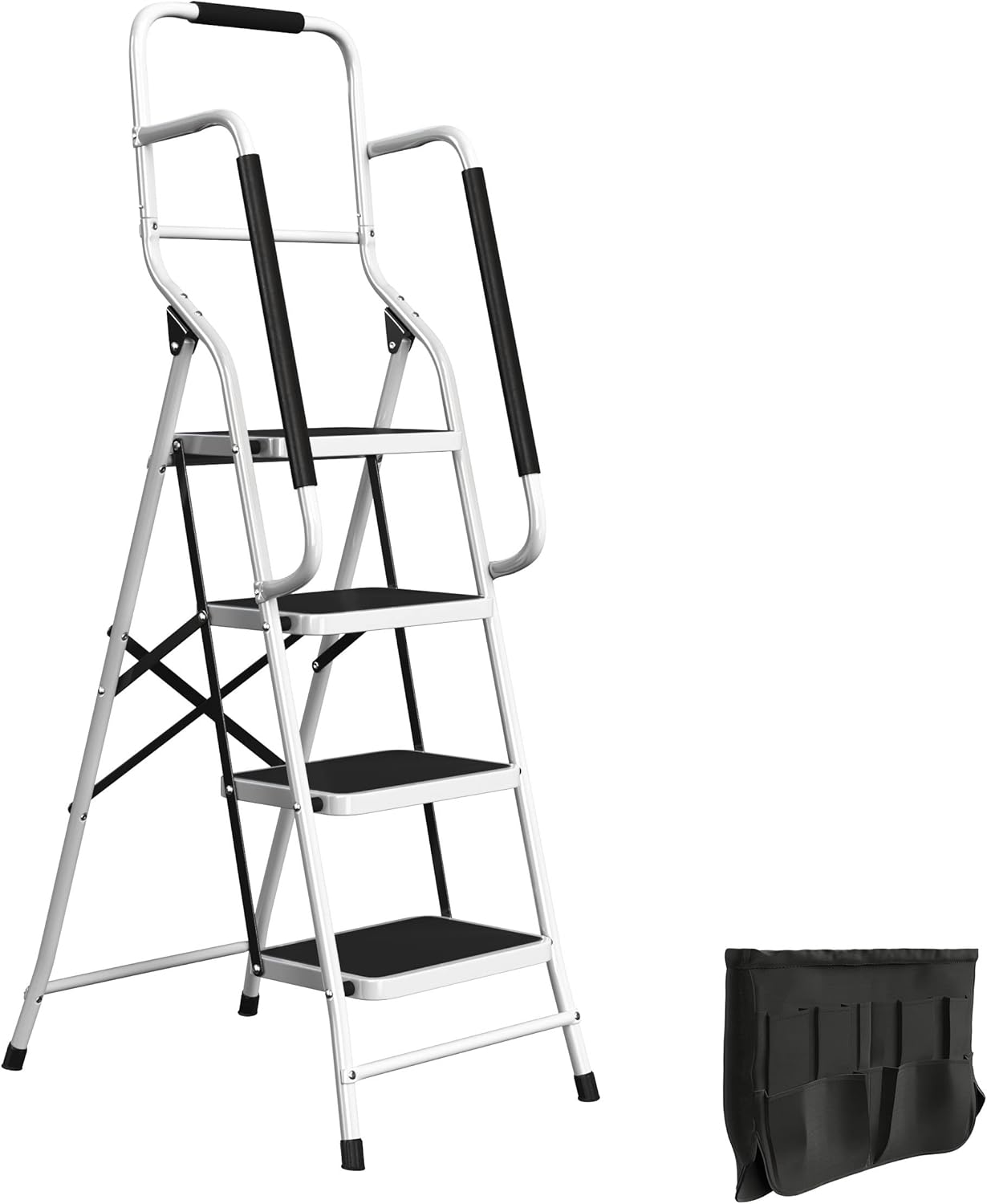 4 Step Ladder Folding Step Stool Ladder for Adults with Handrails and Tool Bag - 330lb Capacity Nonslip Steel Frame Stepping Stool - Foldable Ladders for Home Repair, Kitchen or Bedroom by Stalwart