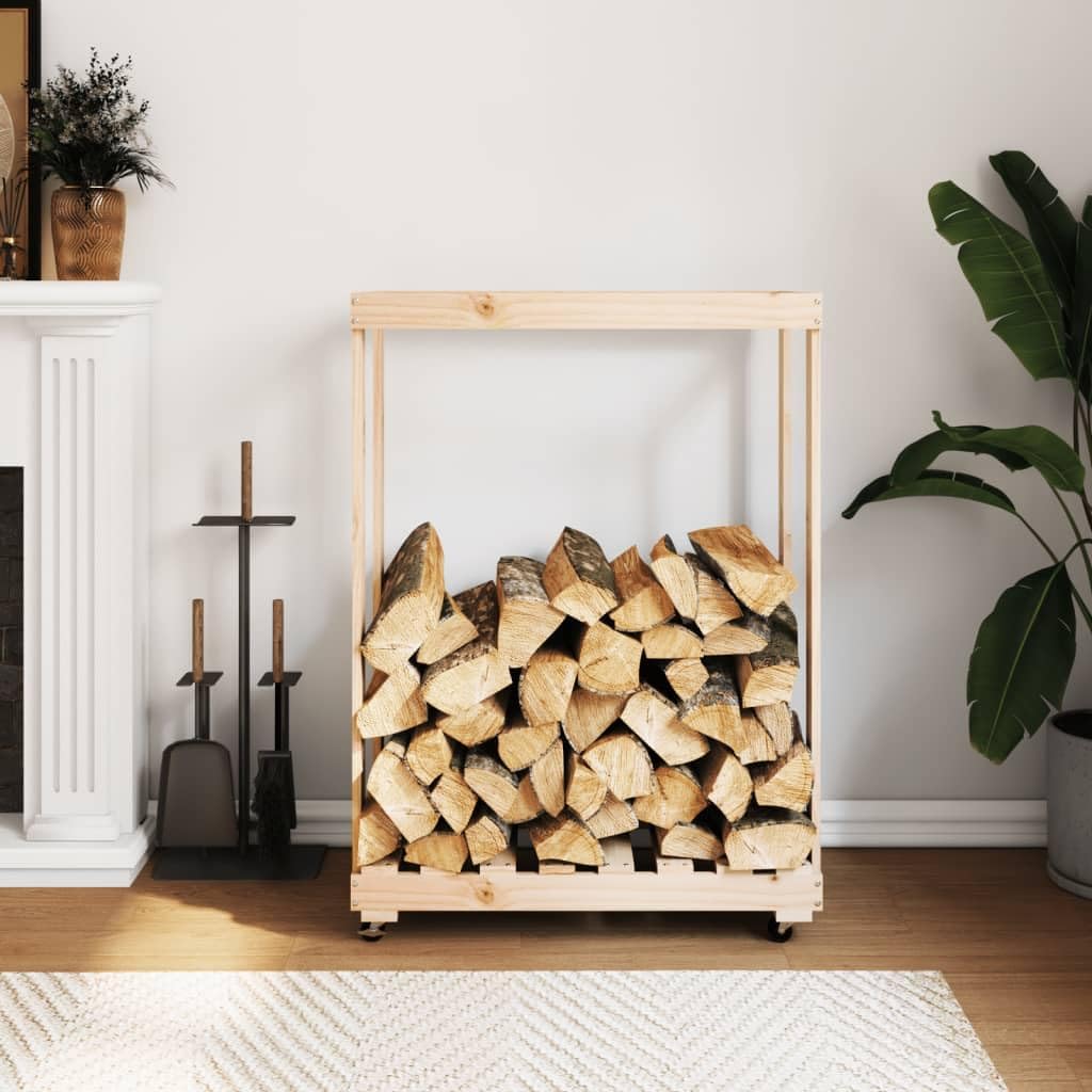 CKioict Pine Wood Log Holder with Wheels for Firewood Storage, Rustic Solid Pine Wood Rack with Ample Space to Keep Logs Dry and Organized