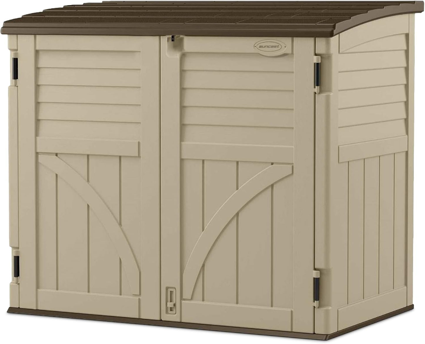 Suncast Horizontal Shed, Compact Outdoor Storage System, 34 Cu. Ft. Capacity, Sand & Slate - Lockable Multi-Wall Resin Organizer for Garbage Cans, Garden Tools, Bins, Bikes and Yard Equipment