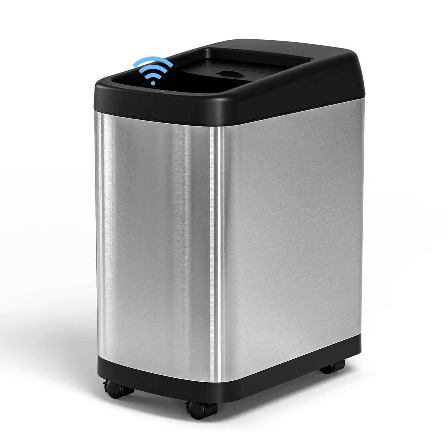 ELLO&ALLO 13 Gallon Kitchen Trash Can with Roll Up Lid, Automatic Touchless Motion Sensor Rectangular Trash Can with Wheels, Brushed Stainless Steel Finish