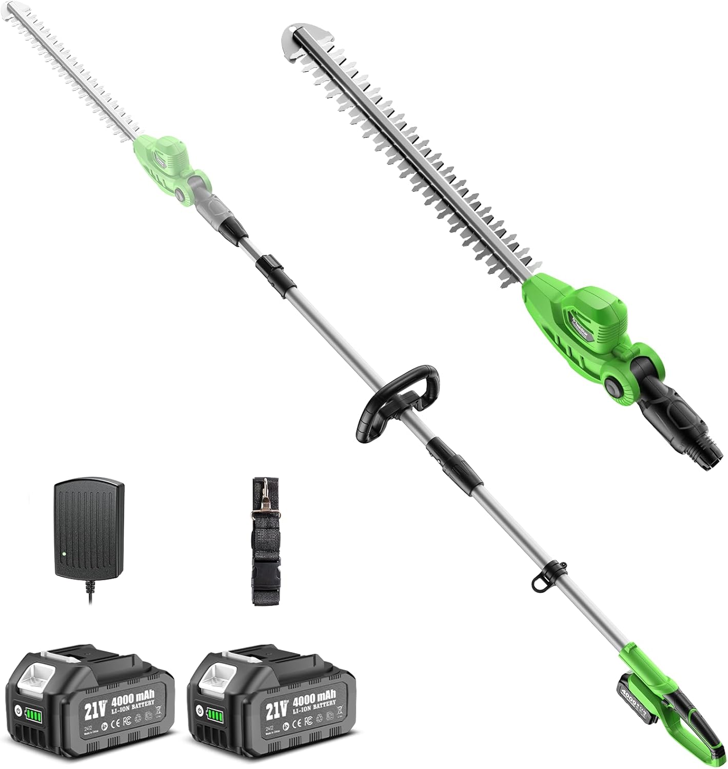 Cordless Pole Hedge Trimmer: 16" Electric Bush Trimmer Tool with 2 Pcs 4.0Ah Batteries - Dual-Action Blade, Telescopic Pole, Adjustable Rotating Head, Hedge Cutter for Tree Shrubs Trimming