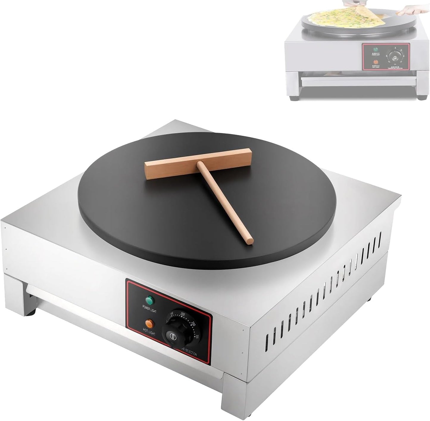 Commercial Electric Crepe Maker, 3000W Non Stick Pancake Machine with Adjustable Temperature, Stainless Steel Crepes Pan, 400mm Diameter, for Tortilla Blintzes, Pancakes, Eggs, Bacon