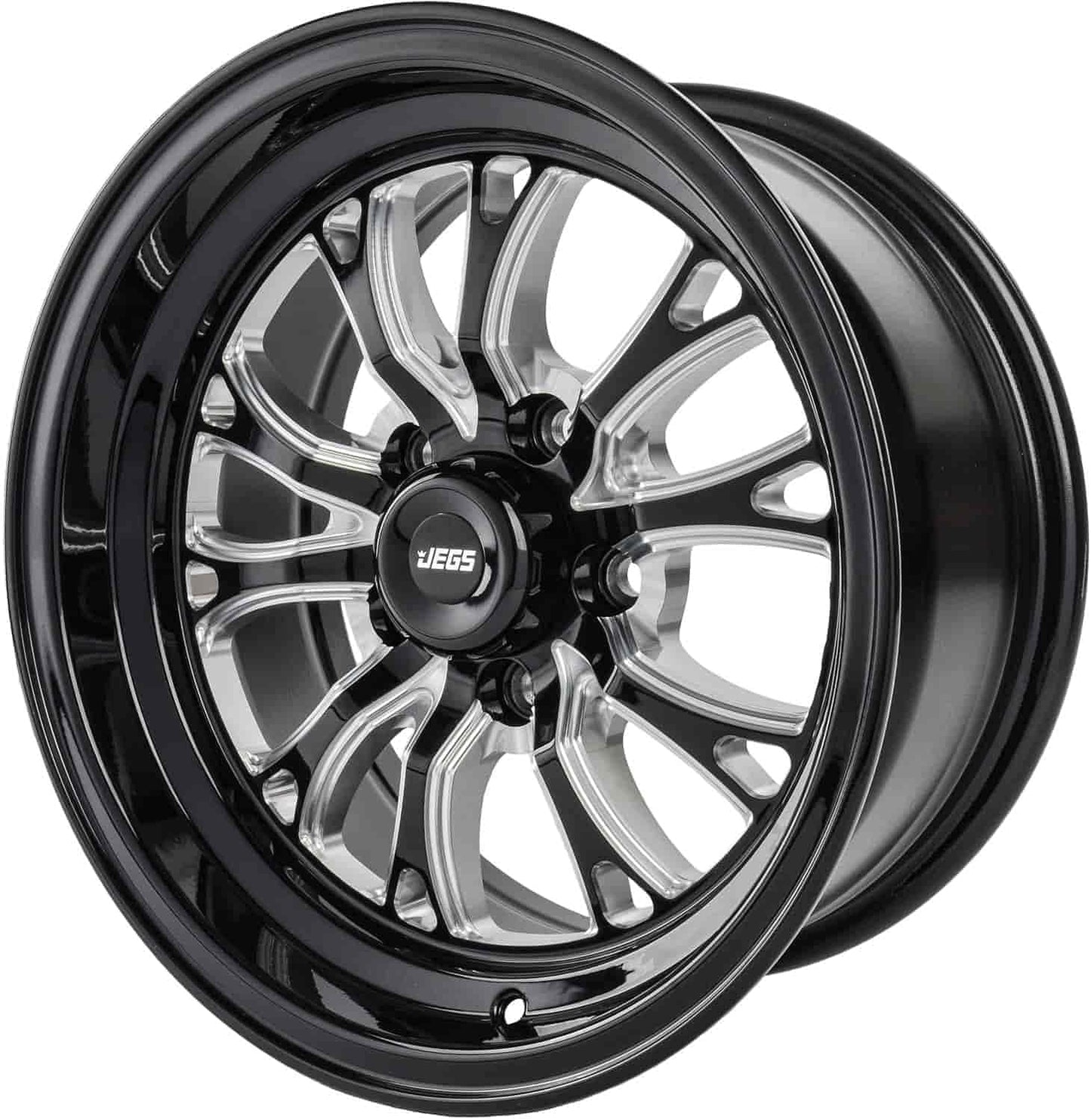 JEGS SSR Spike Wheel 15 x 7 | 5 x 4.5” Wheel Bolt Pattern Spacing | 0mm Offset | 4” Backspacing | Gloss Black with Milled Spoke Accents | 3.27” Center Bore