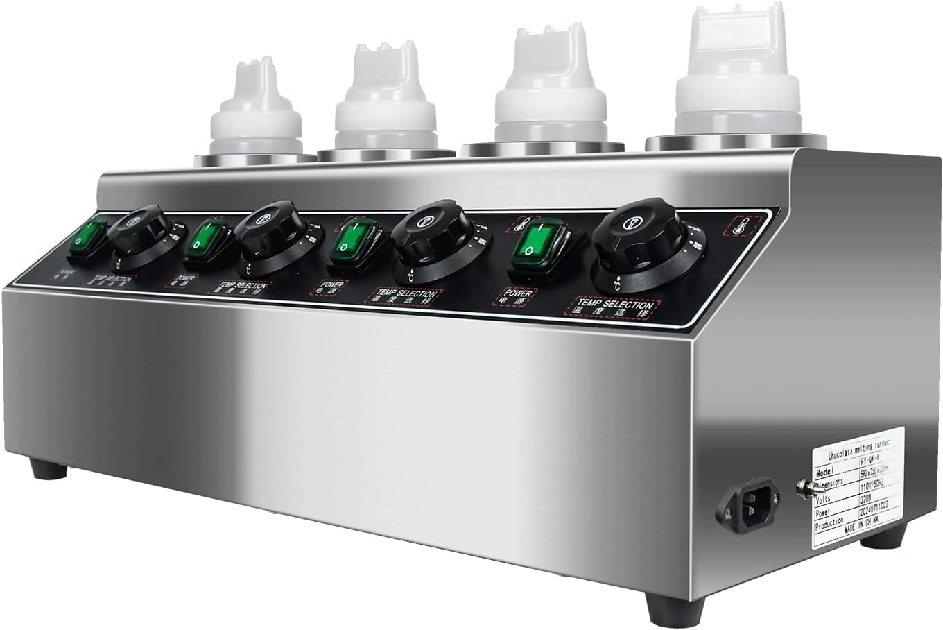 KOOTEN Electric Cheese Warmer Commercial Sauce Bottle Warmer Chocolate Warmer Dispenser,4x0.68 Qt Nacho Cheese Warmer 86-185°F Hot Fudge Warmer with 4 Bottles