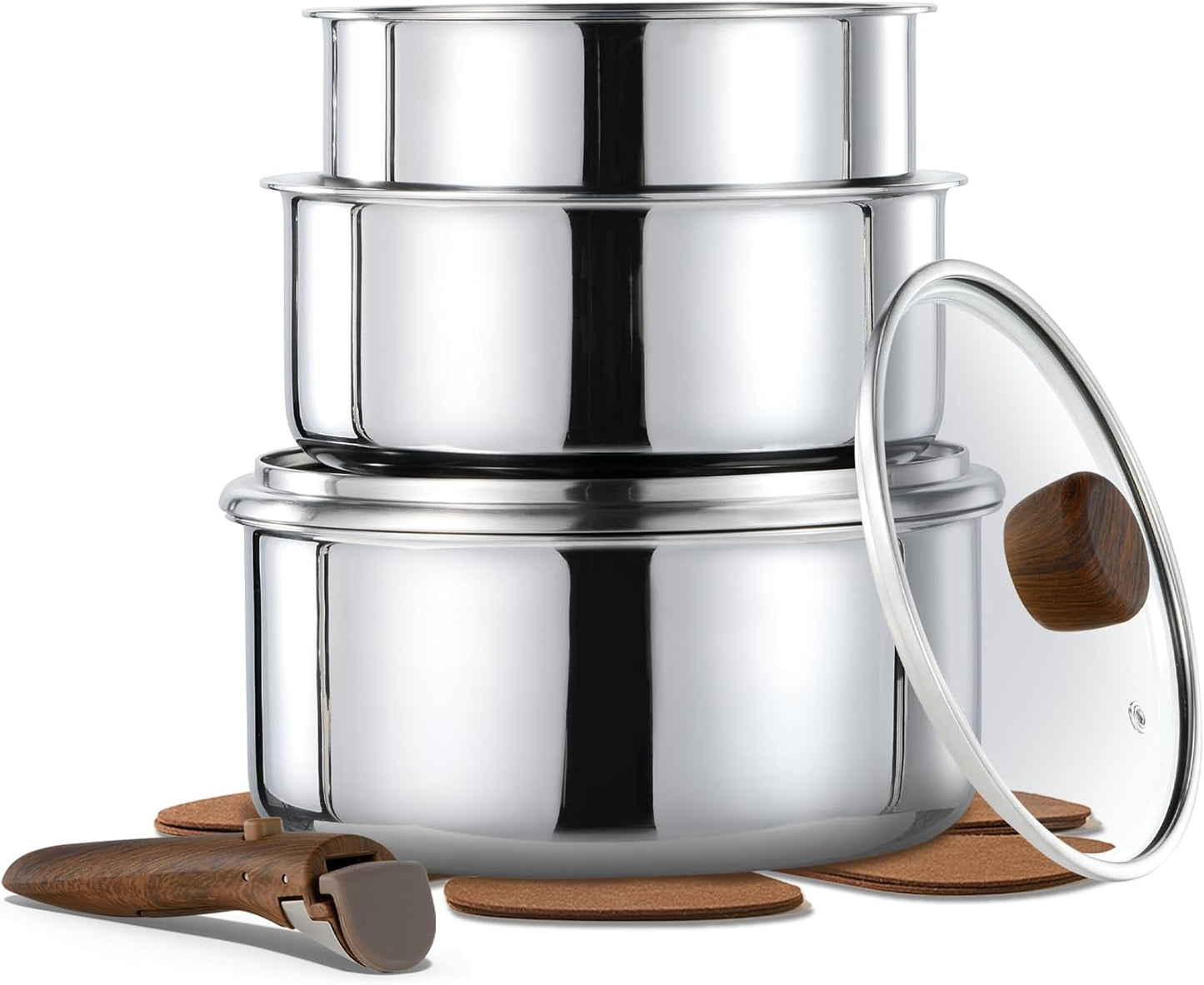 CAROTE Stainless Steel Sauce Pan with Detachable Handle, 8pcs Stainless Steel Pot, 1.5QT&2QT&3QT Saucepan with Lid, Non-Toxic Induction Kitchen Cookware, Removable Handle, Oven Safe, Woodgrain