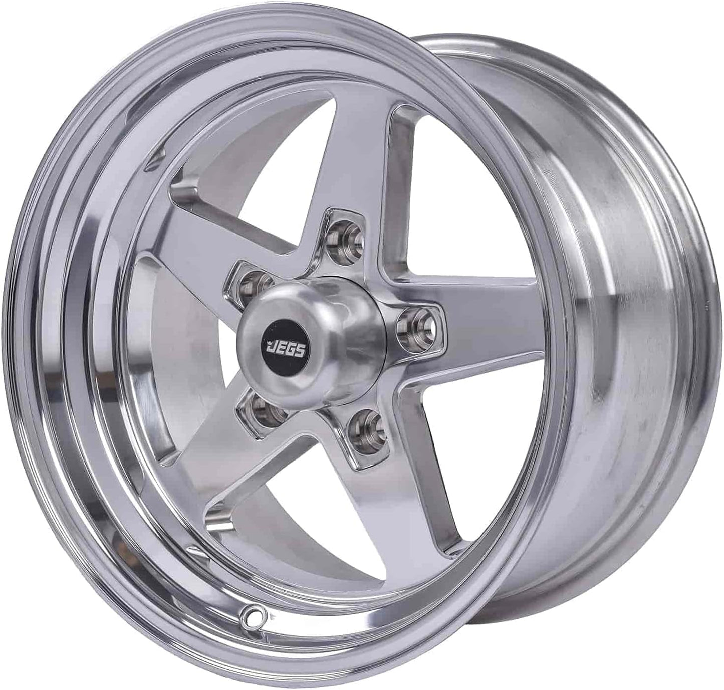 JEGS SSR Star Aluminum Wheel 15” x 8” | 5 x 5” Wheel Bolt Pattern Spacing | 0 mm Offset | 4.5” Backspacing | Polished | 3.27” Center Bore | Includes Center Cap