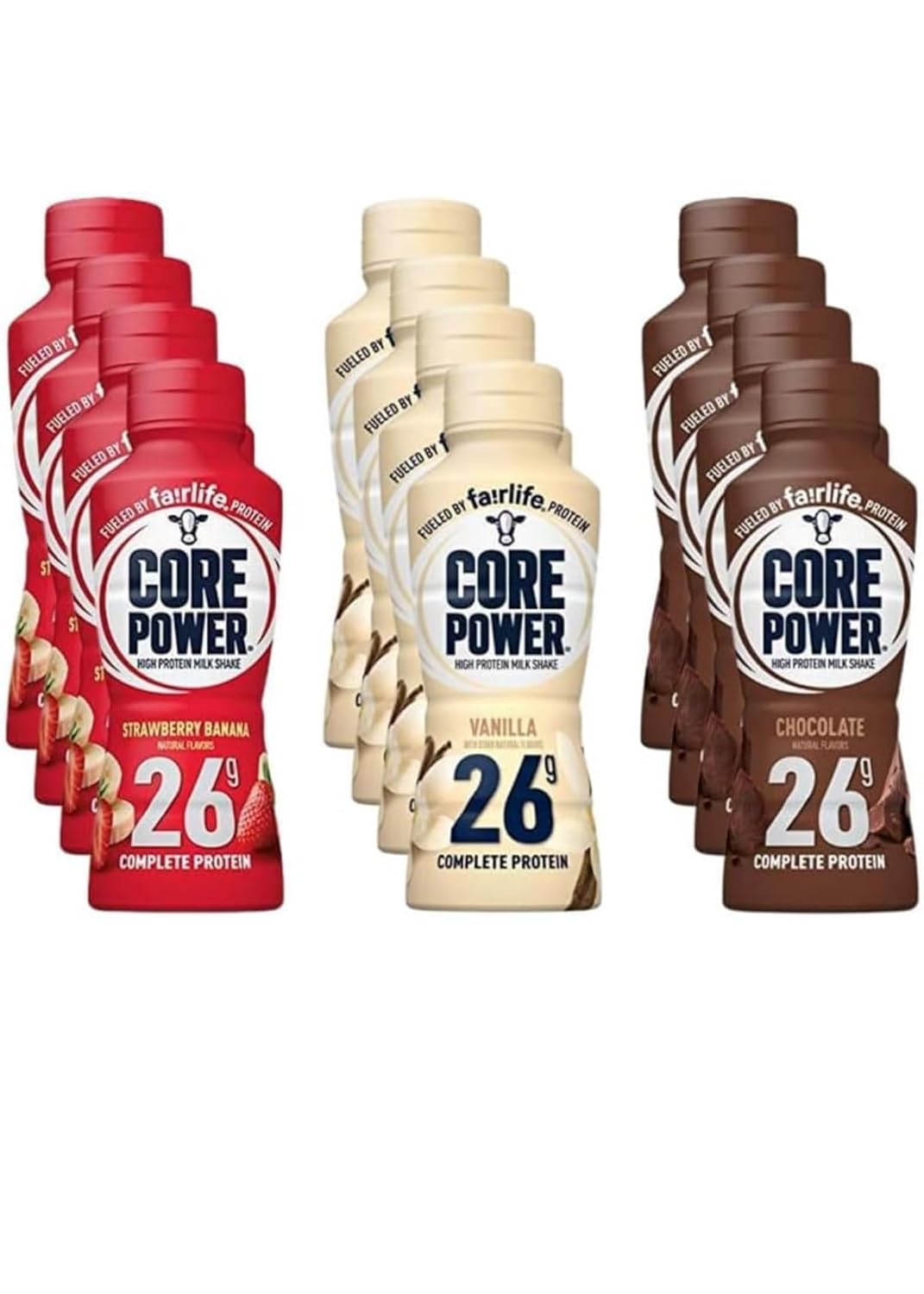 Fairlife' 26g Core Power' High Protein Milk Shakes Variety 12 Pack 14 Fl Oz- Vanilla, Chocolate, Strawberry Bananna