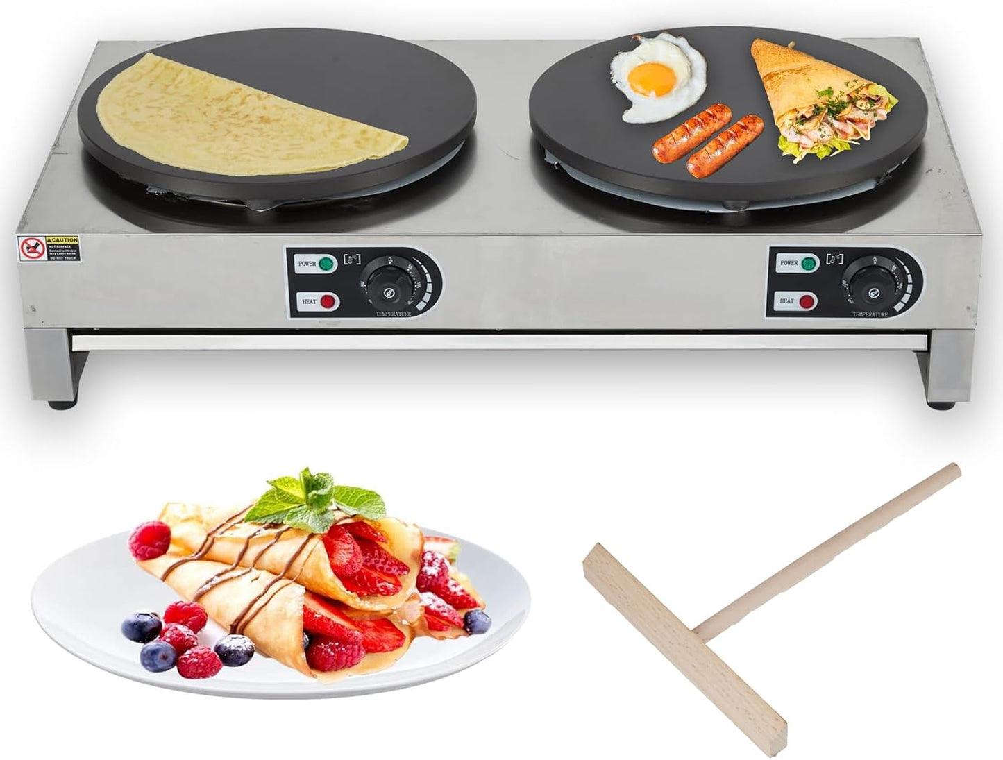 16" crepe maker, 3000W Commercial Electric Crepe Maker with Includes Batter Spreader and Temperature Control, Cast Iron Cooking Surface, Nonstick Griddle, Stainless Steel Base for Crepes, Pancakes