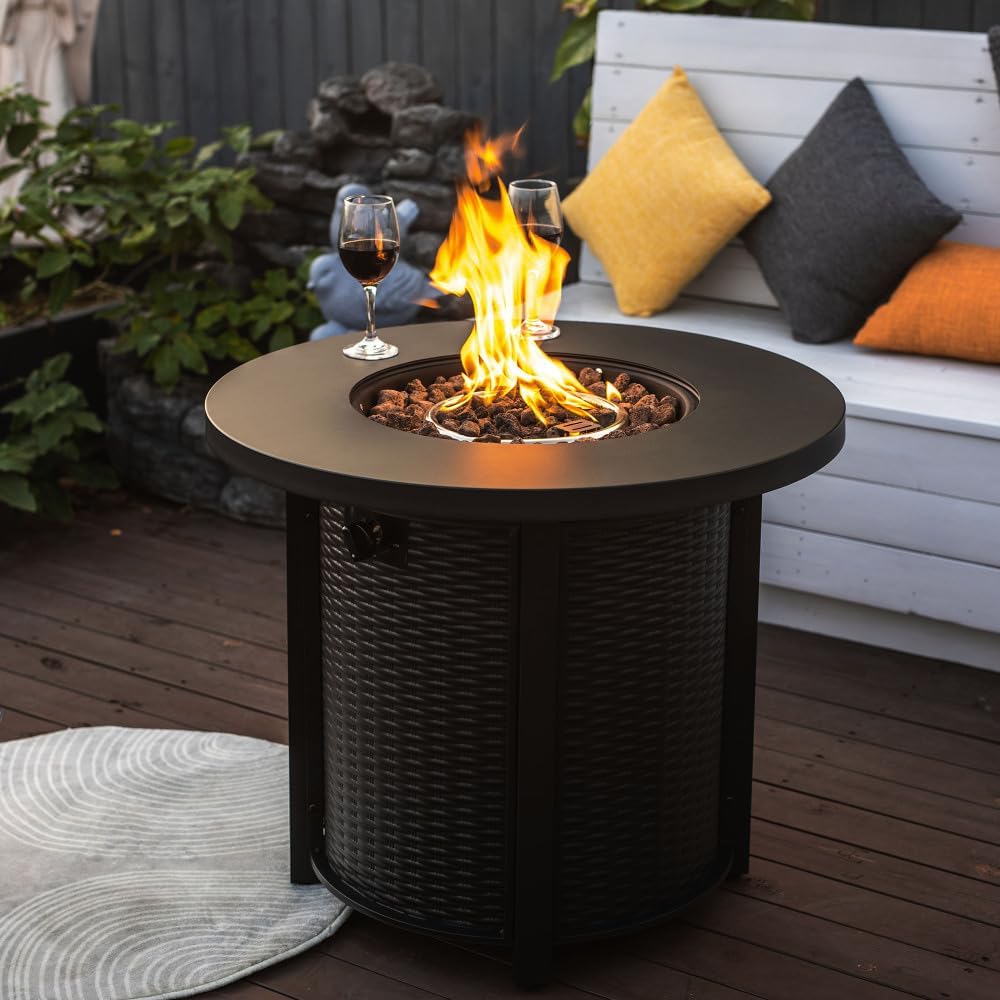 Propane Gas Fire Pit Table \u2013 50000 BTU, Steel Rust-Proof Body, Electronic Ignition, with Lava Rocks\/Weatherproof Cover\/Regulator, for Patio\/Garden\/Courtyard (Black) (30" Round Steel)