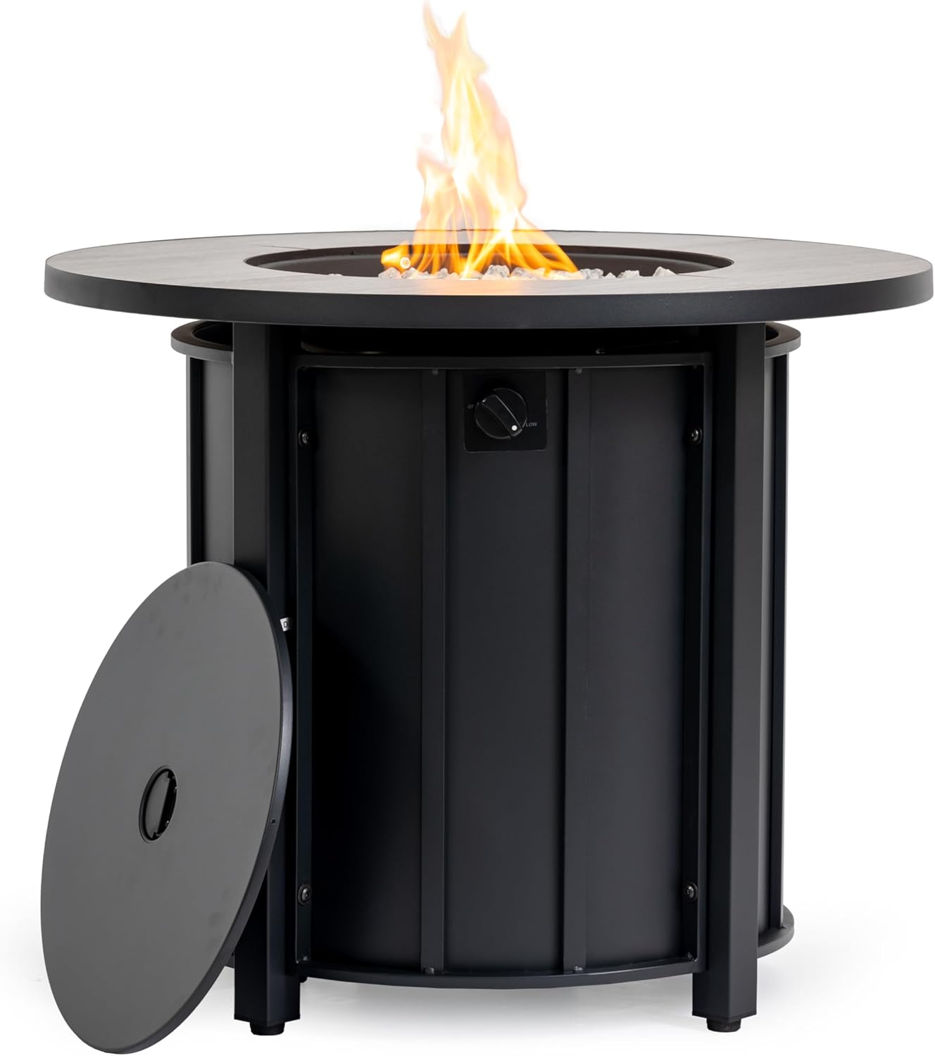 30-inch Round Propane Fire Pit Table, 50,000 BTU Outdoor Steel Fire Pit with Wood Grain Ceramic Tabletop & Lid, Cover Included for Patio, Deck, Backyard - Black