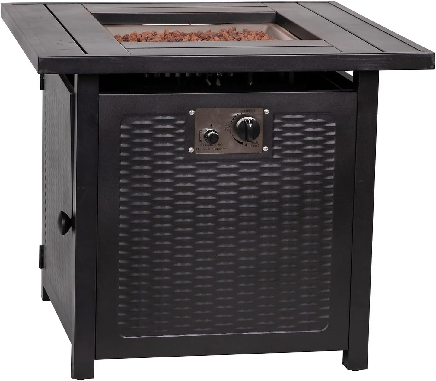 Flash Furniture Olympia 50,000 BTU Outdoor Propane Gas Fire Pit Table - Black Stainless Steel Tabletop and Steel Wicker Detail Base - 28" Square - Included Lava Rocks