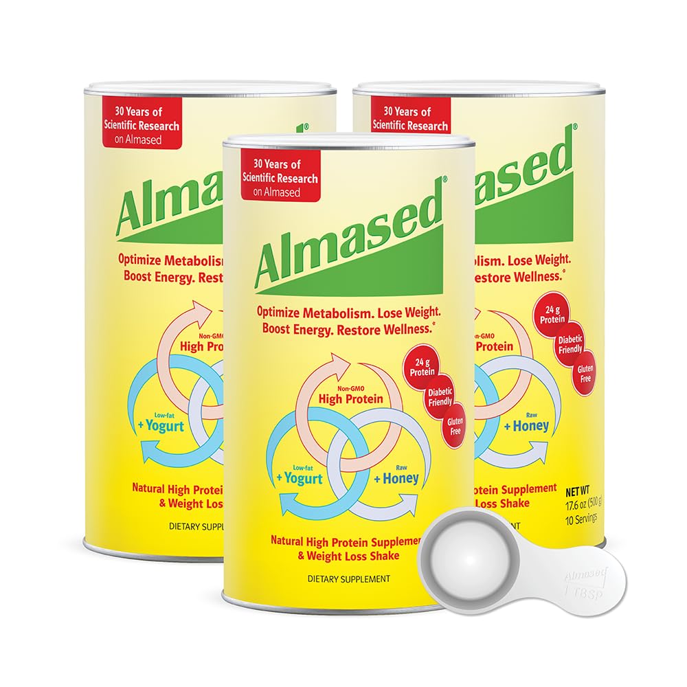 Almased Protein Powder for Weight Loss Kit for Men & Women, Natural Meal Replacement Shake for Weight Loss, Supplement, 27 Grams of Protein Per Serving (Original Flavor, 3 Cans @ 17.6 oz ea + Scoop)