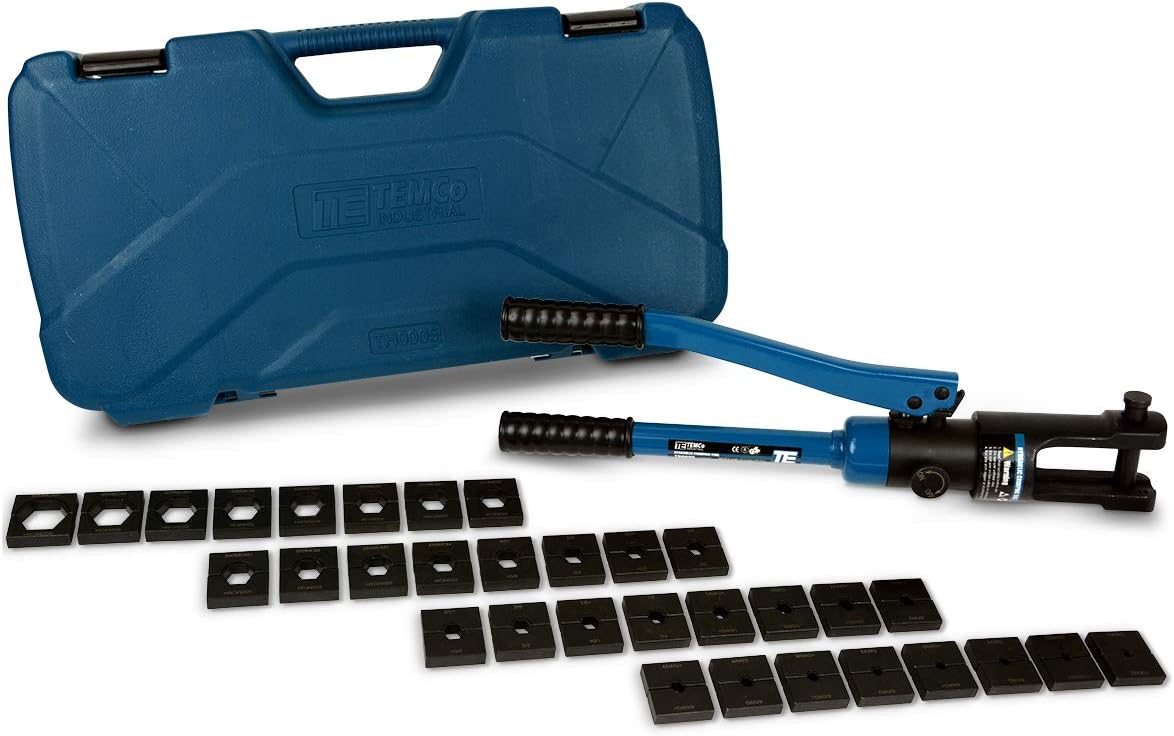TEMCo Industrial Hydraulic Cable Lug Crimper TH0005 V2.0 (11 US TON) 10 AWG to 600 MCM Electrical Terminal Cable Wire Tool Kit with 32 Die Sets