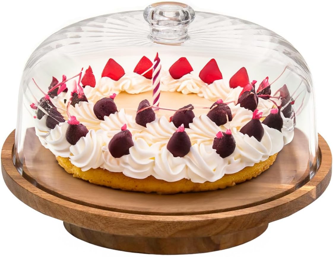 cutesun acacia wood cake stand with lid, 11.8'' Rotating Cake Stand with Dome, Shaterproof 10.4'' Acrylic Cake Display Cover, Cake Holder Tray for Wedding Gift,Kitchen,Birthday,Parties,Baking Gifts