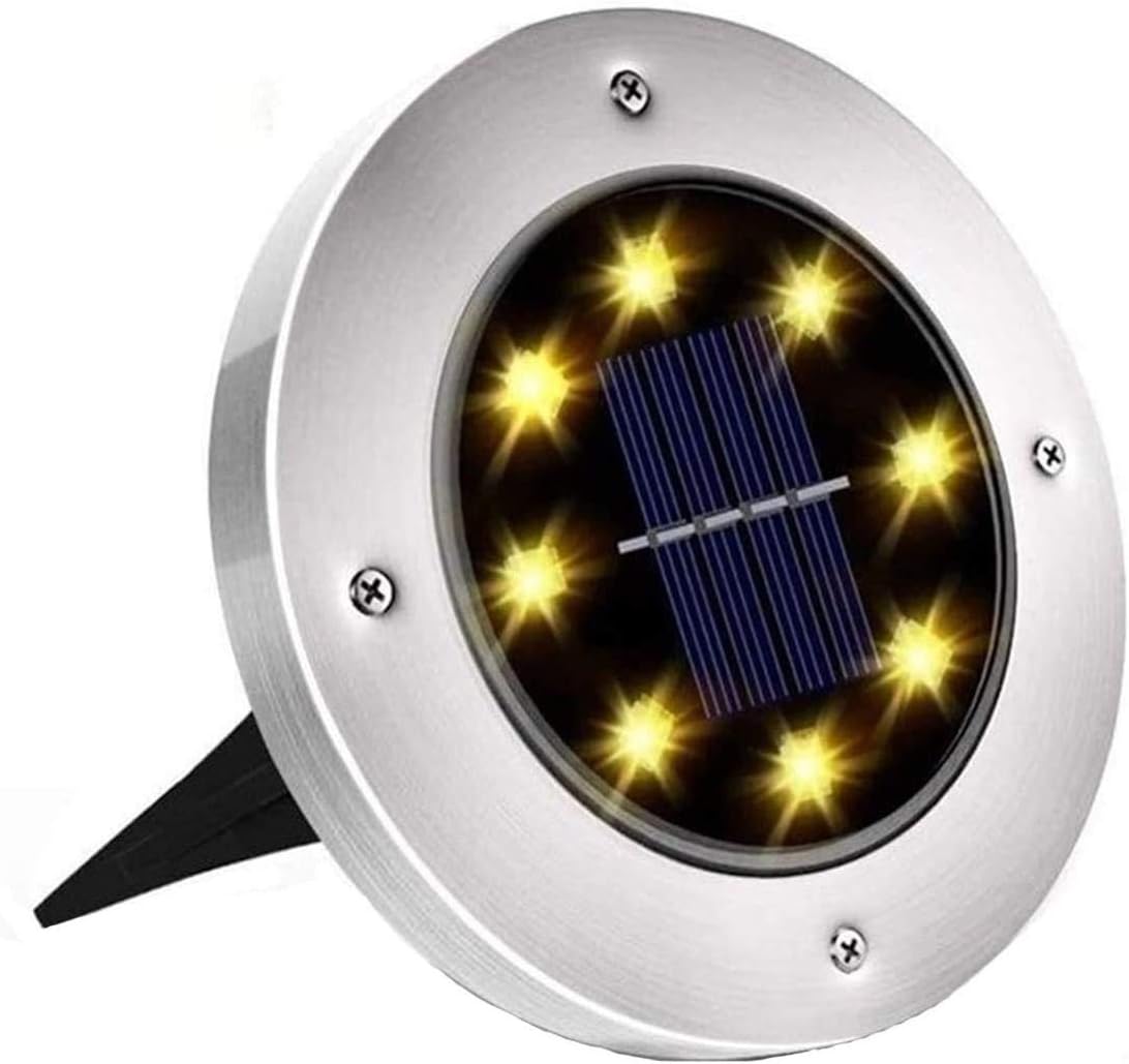 Qvzczvq Solar Ground Lights, Stainless Steel Outdoor 8 LED Solar Disk Lights, IP65 Waterproof for Yard Deck Patio Pathway Garden Decor, Warm White