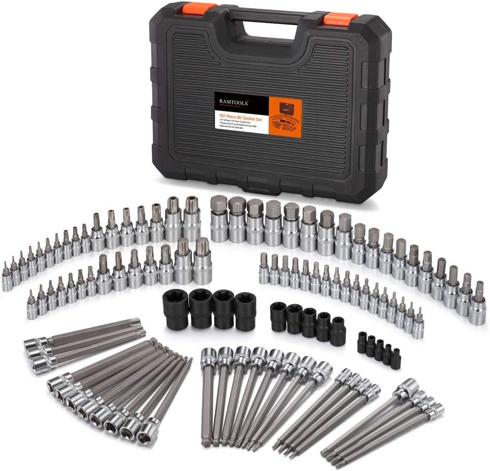 107-Piece Allen and Torx Bit Socket Set, 1/4", 3/8" and 1/2" Drive Hex/Ball End Hex/Extra Long Tamper Proof Torx SAE & Metric Bit Set