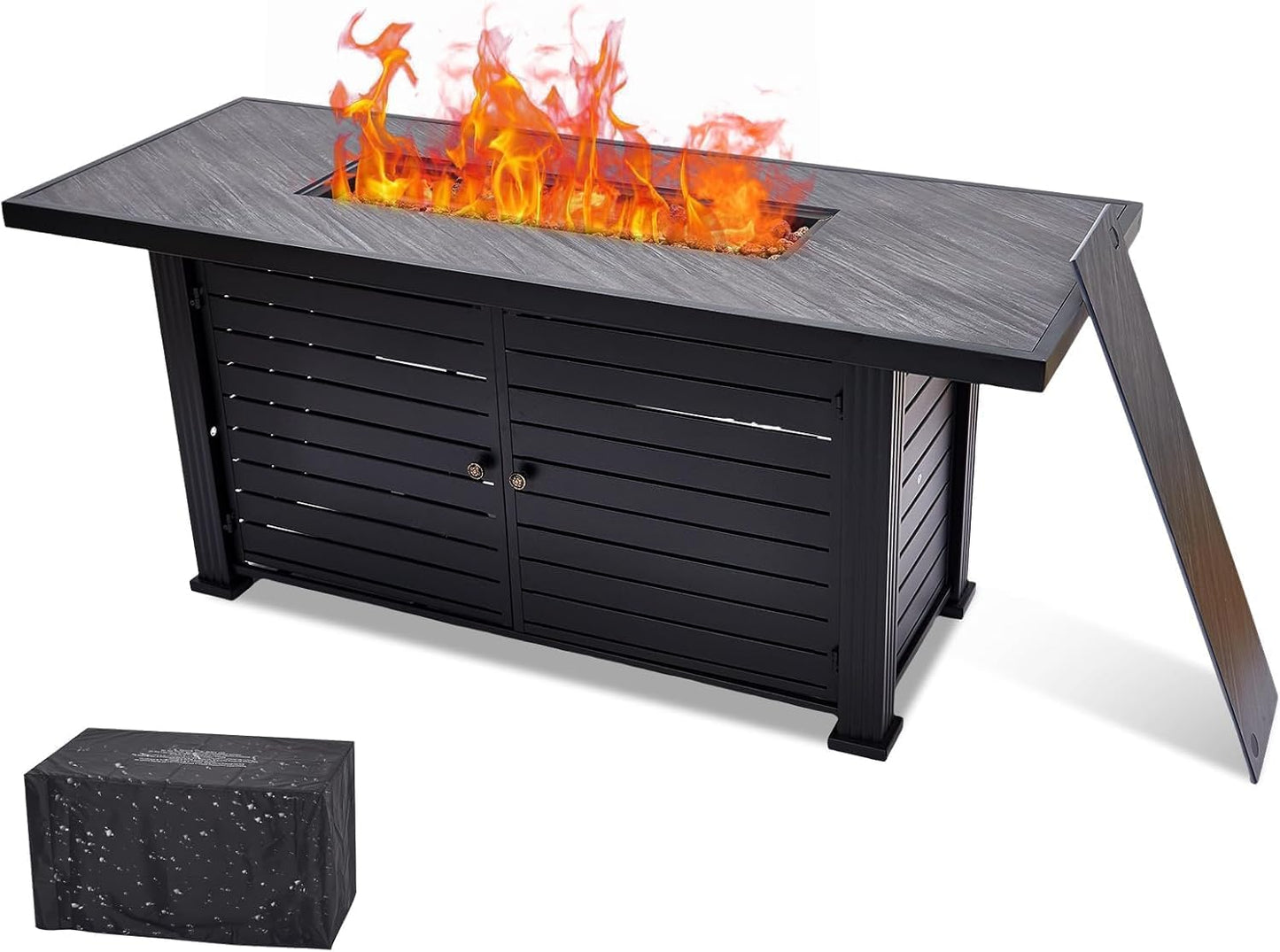 MERXENG 57 Inch Propane Fire Pit Table, 50000BTU Outdoor Gas Fire Pits Rectangular with Rain Cover, Sturdy Steel and Iron Fence Surface, CSA Safety Certified, Companion for Outside Patio Deck Garden