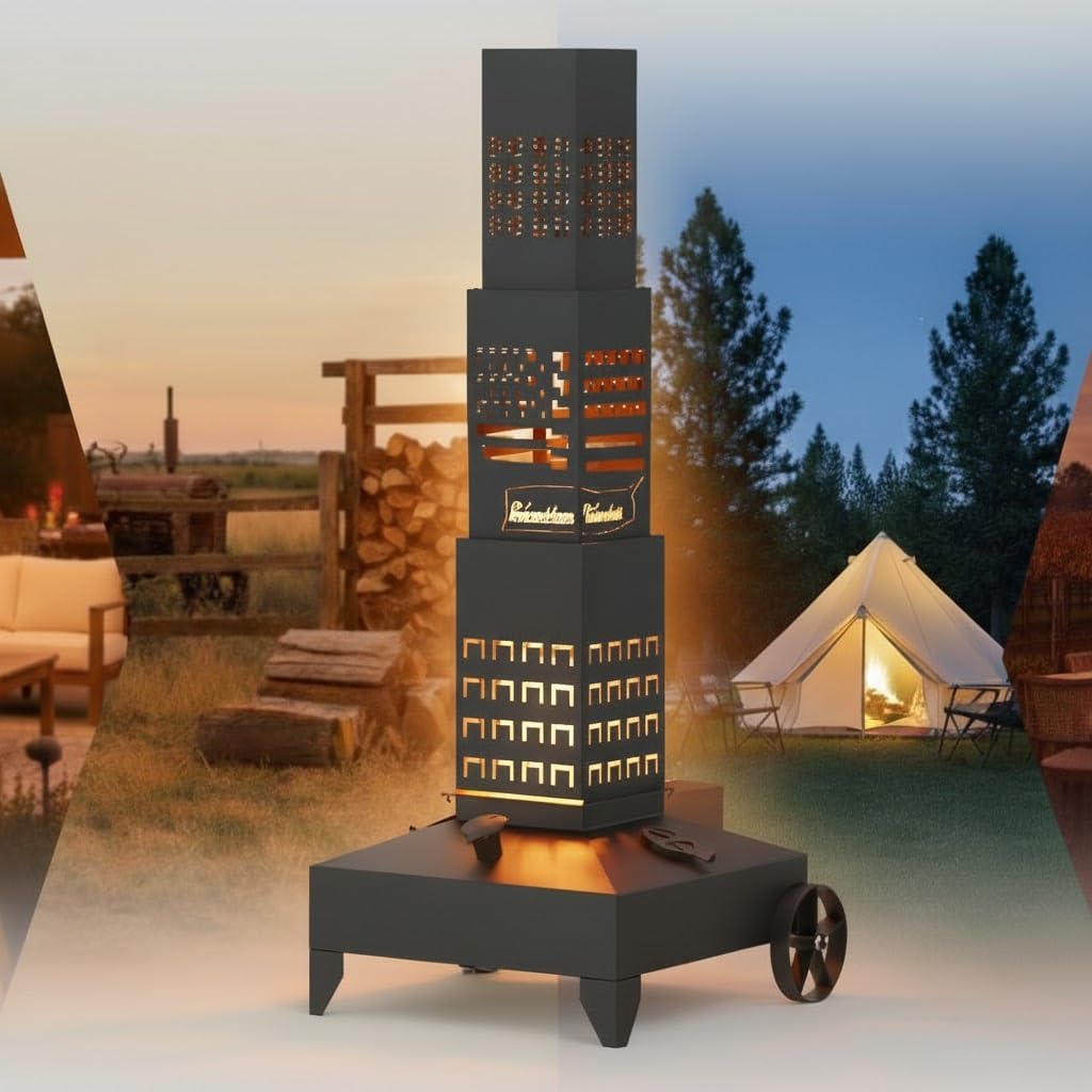 MOOFI Smudge Pot Patio Heater for Outdoor Use, Portable Design with Wheels & Handle, Ideal for Backyard, Camping, and Garden Gatherings, Flag-Inspired Vent Style (Fuel Not Included) (US-Flag)