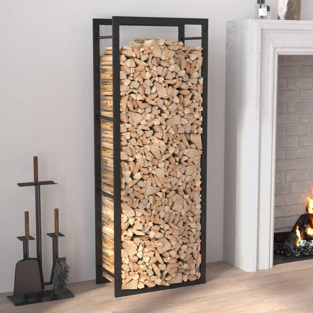 Heavy-Duty Black Powder-Coated Steel Firewood Rack with Wall Mount for Secure Outdoor Log Storage and Airflow Drying